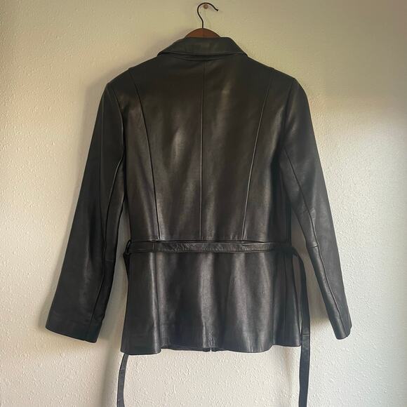 Vintage 90s Genuine Leather Biker Zip Up Jacket with Waist Tie - Picture 6 of 9